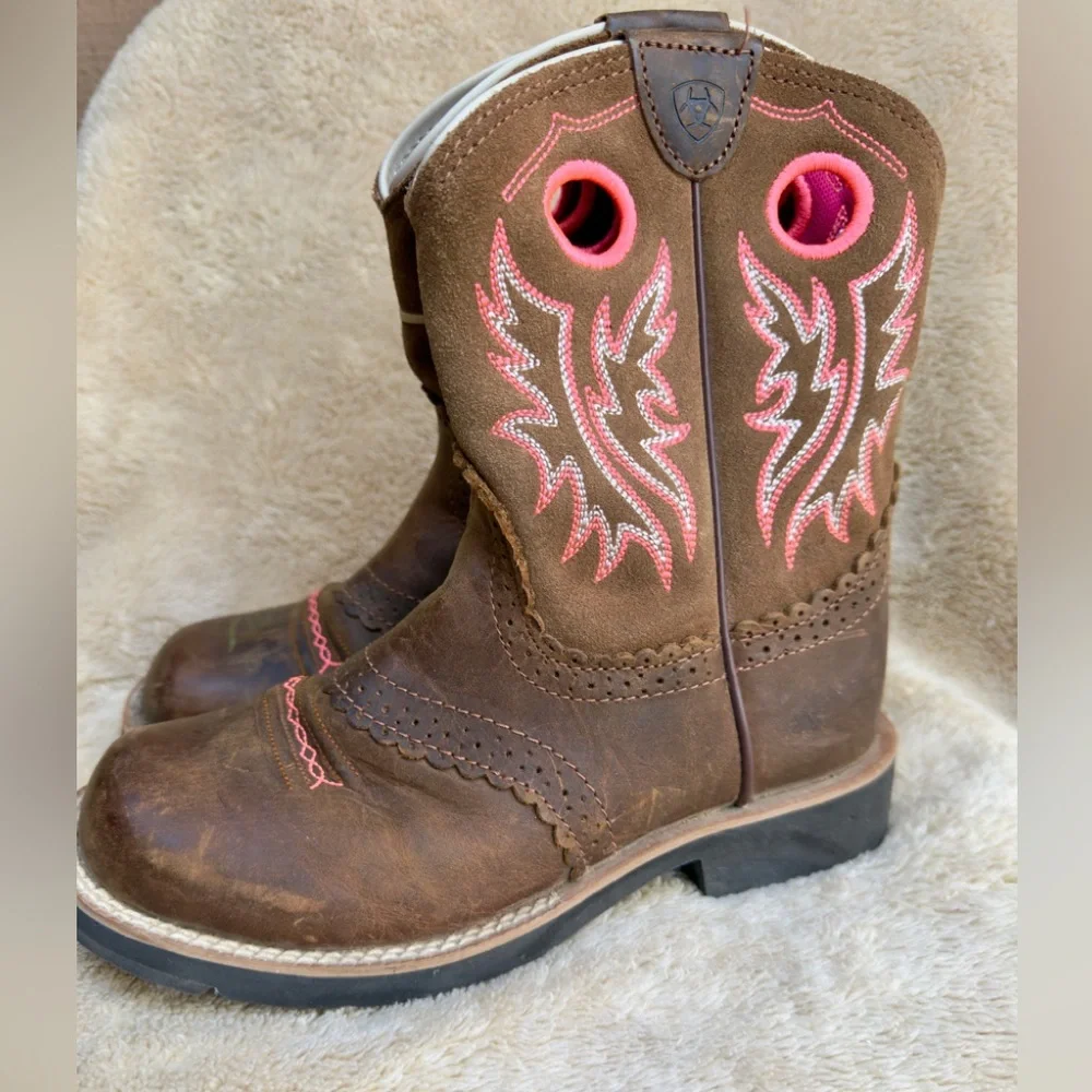 ARIAT GIRLS' FATBABY POWDER BROWN PINK LEATHER WESTERN ROUND‎ TOE BOOTS Sz 3 EUC
